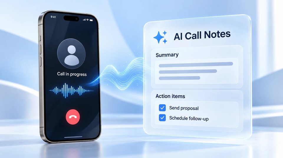 An iPhone on a call in progress, with AI call notes beside it showing a summary and action items: send proposal and schedule follow-up.