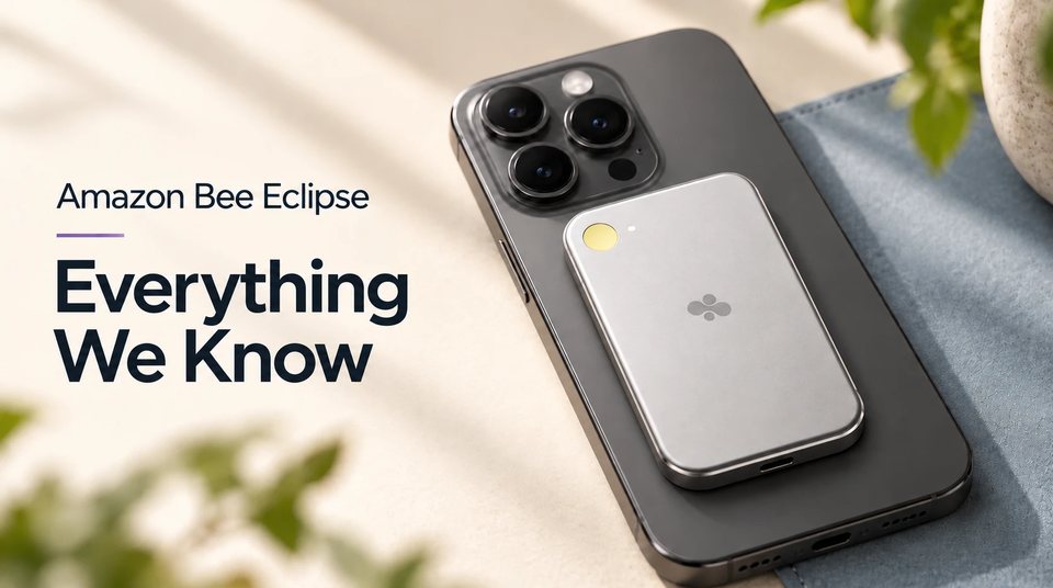 A silver Bee Eclipse attached to the back of a phone, under the words Amazon Bee Eclipse: everything we know.