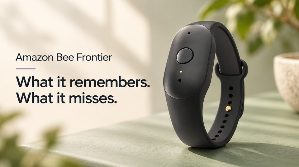 A black Bee Frontier wristband with a single button and green light, under the words Amazon Bee Frontier: what it remembers, what it misses.