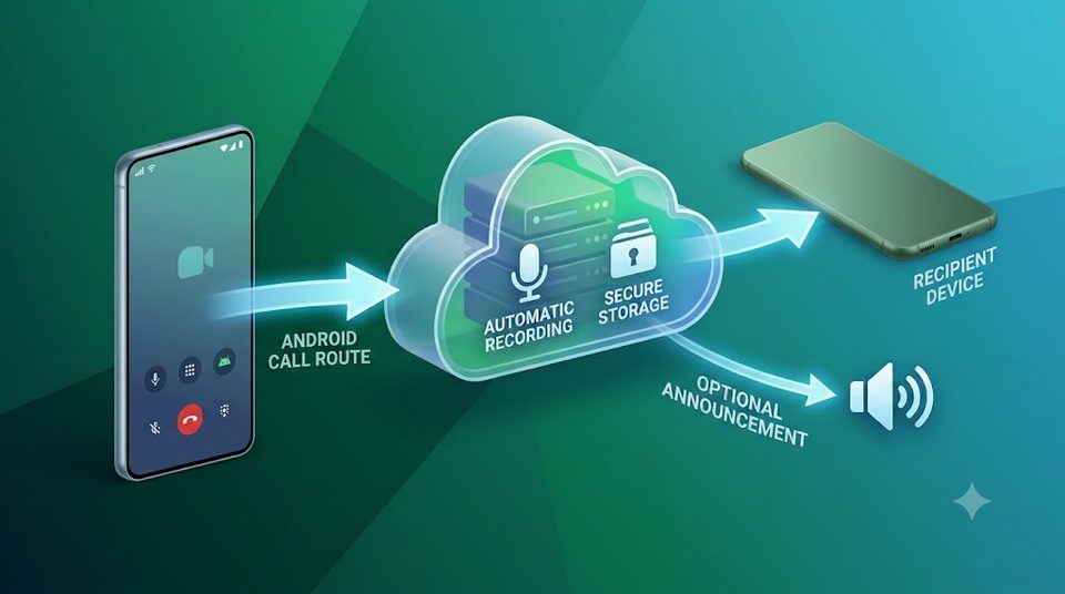A call placed from an Android phone routes through Epocra, which records it automatically and stores it securely, before connecting to the recipient device. A recording announcement can optionally be played.