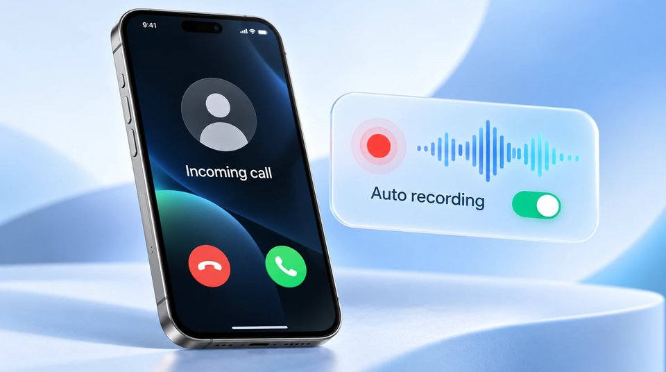 An iPhone showing an incoming call beside an Auto recording switch turned on, with a red record button and a sound wave.