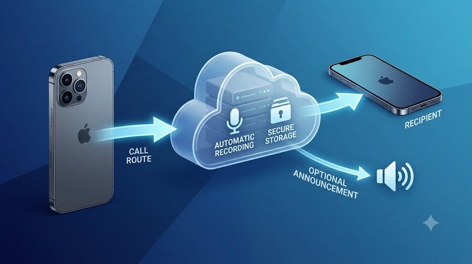 A call placed from an iPhone routes through Epocra, which records it automatically and stores it securely, before connecting to the recipient. A recording announcement can optionally be played.