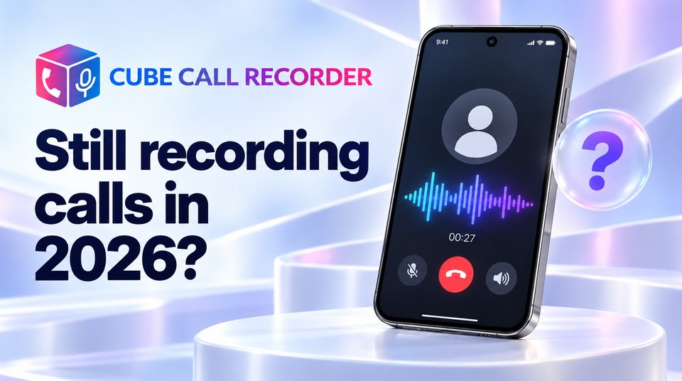 The Cube Call Recorder logo beside a phone on an active call, asking whether Cube ACR is still recording calls in 2026.