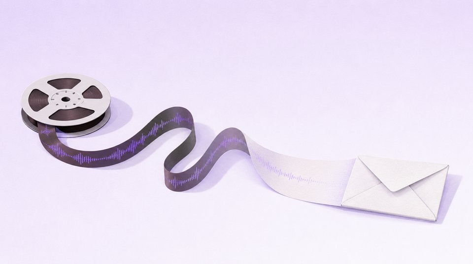 A reel of magnetic tape unspools into a long ribbon marked with an audio waveform. As the ribbon travels it turns into a sheet of paper and folds into a sealed envelope — a recorded call becoming a written message.