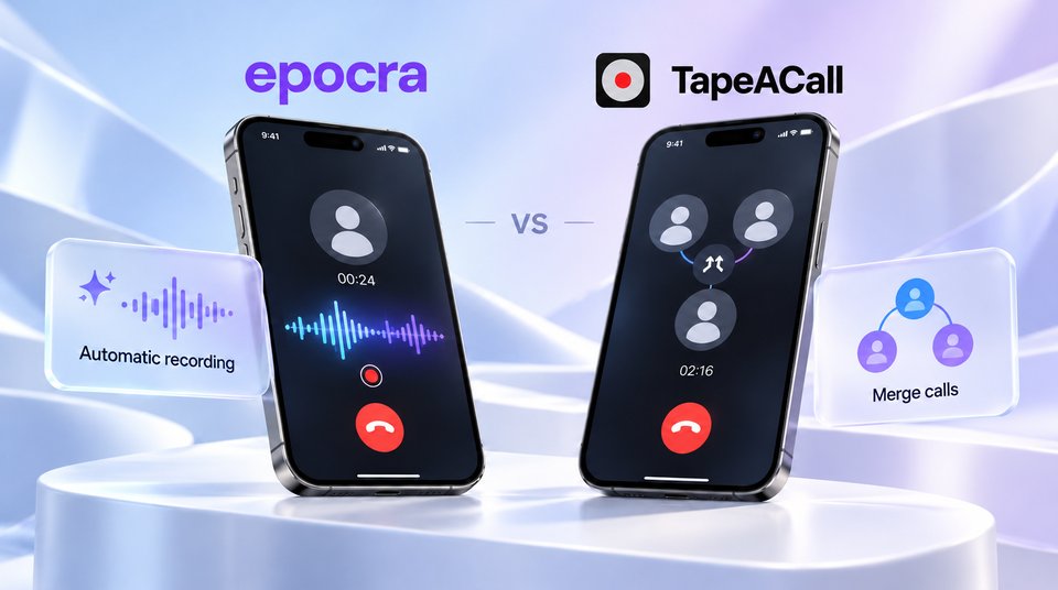 Two iPhones side by side: Epocra recording a call automatically, and TapeACall merging a recording line into the call as a three-way call.