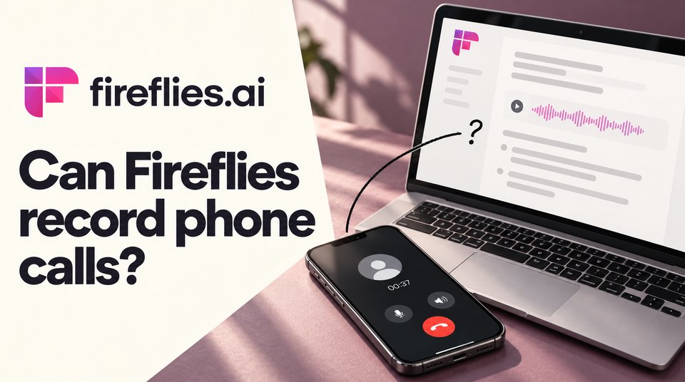 A phone on a regular call beside a laptop running Fireflies, asking whether Fireflies can record phone calls.