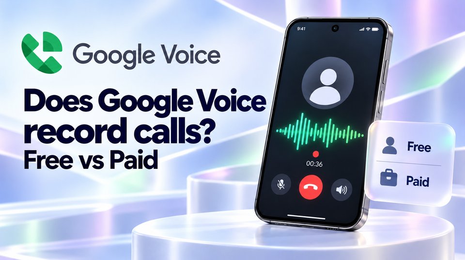 The Google Voice logo beside a phone on a recorded call, with a card comparing the free and paid Google Voice plans.