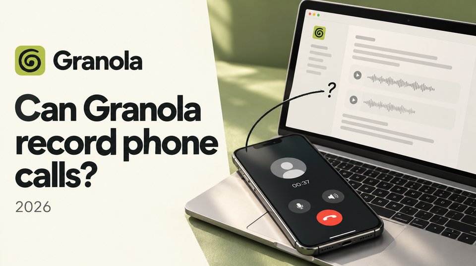 An iPhone on a call resting on a laptop running Granola, asking whether Granola can record phone calls.
