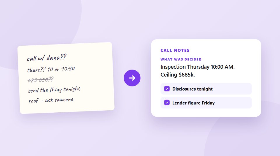 Free call notes template: messy handwritten notes turned into a structured sheet of decisions and promises.
