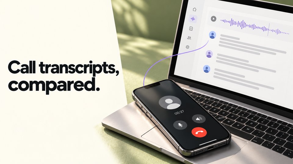 A phone on a call resting on a laptop that shows the call as a transcript, with the words Call transcripts, compared.