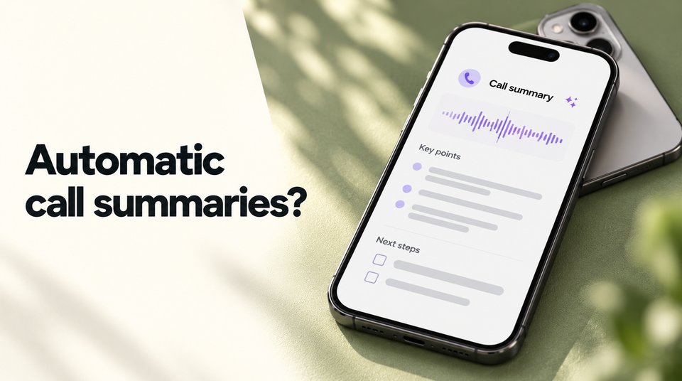 A phone showing a call summary with key points and next steps, asking about automatic call summaries.