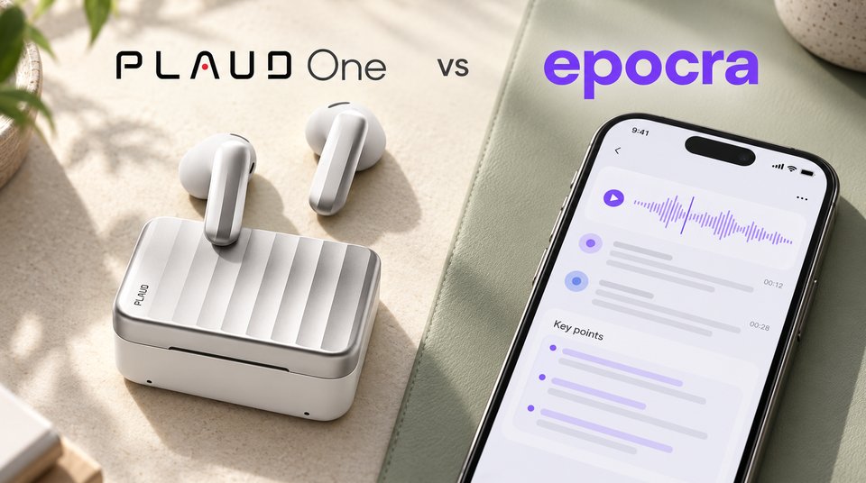 Plaud One earbuds and charging case next to a phone showing an Epocra call recording and key points, under the words Plaud One vs Epocra.