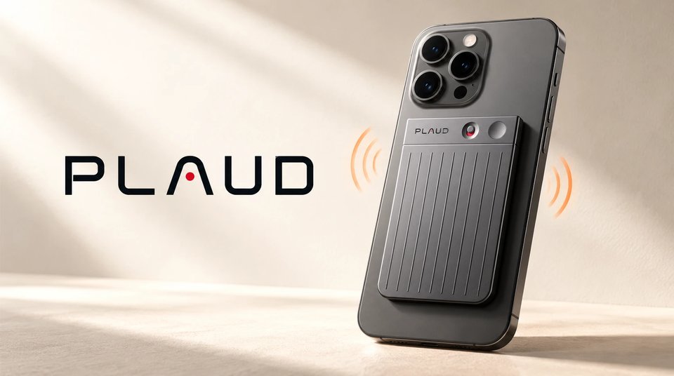 A Plaud recorder magnetically attached to the back of a phone, with sound waves showing how it picks up a call through vibration.