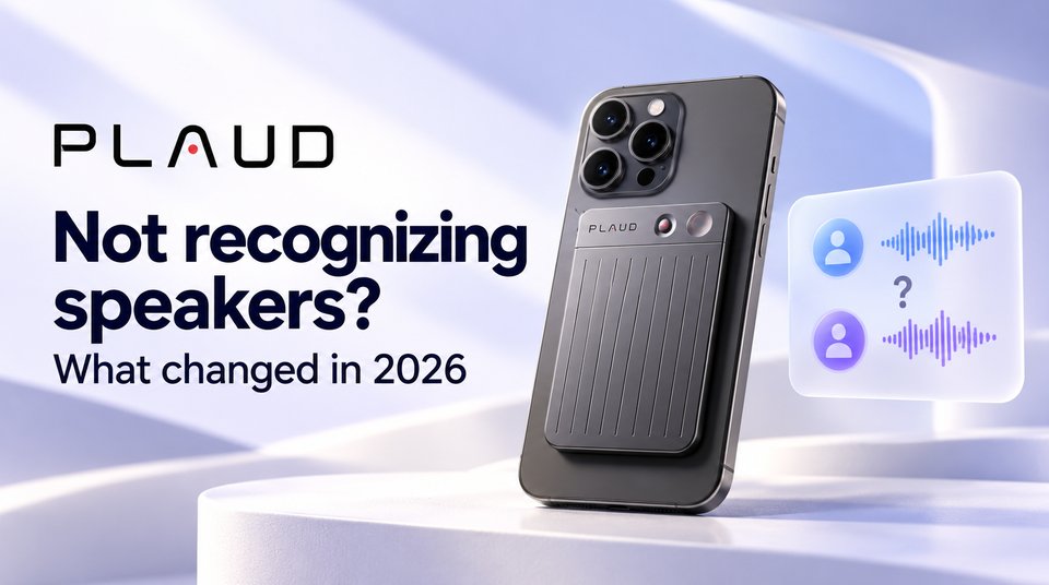 A Plaud recorder attached to the back of a phone, beside two speaker icons and a question mark, asking why Plaud is not recognizing speakers.
