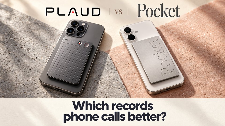 A Plaud recorder and a Pocket recorder side by side, each attached to the back of a phone, comparing how they record phone calls.