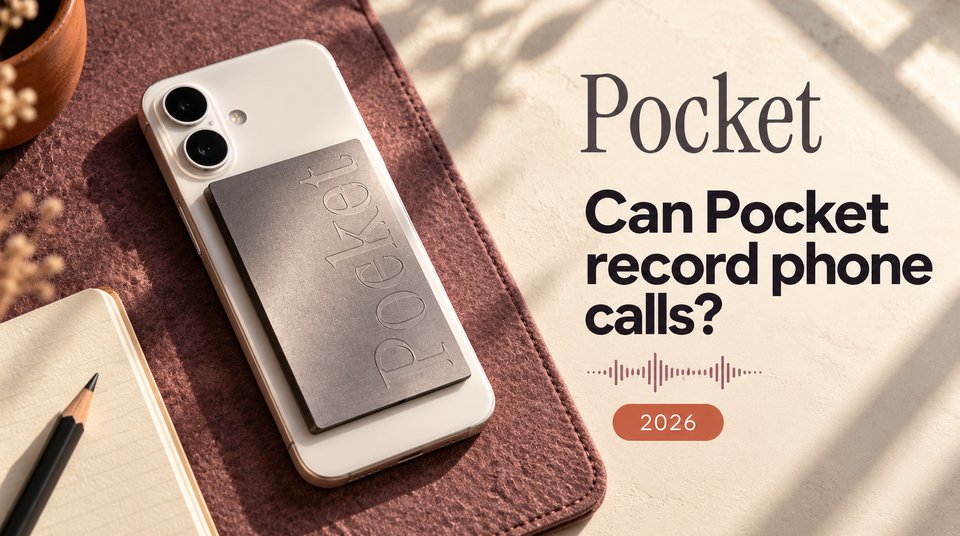 A Pocket AI recorder attached to the back of a phone on a desk, asking whether Pocket can record phone calls.