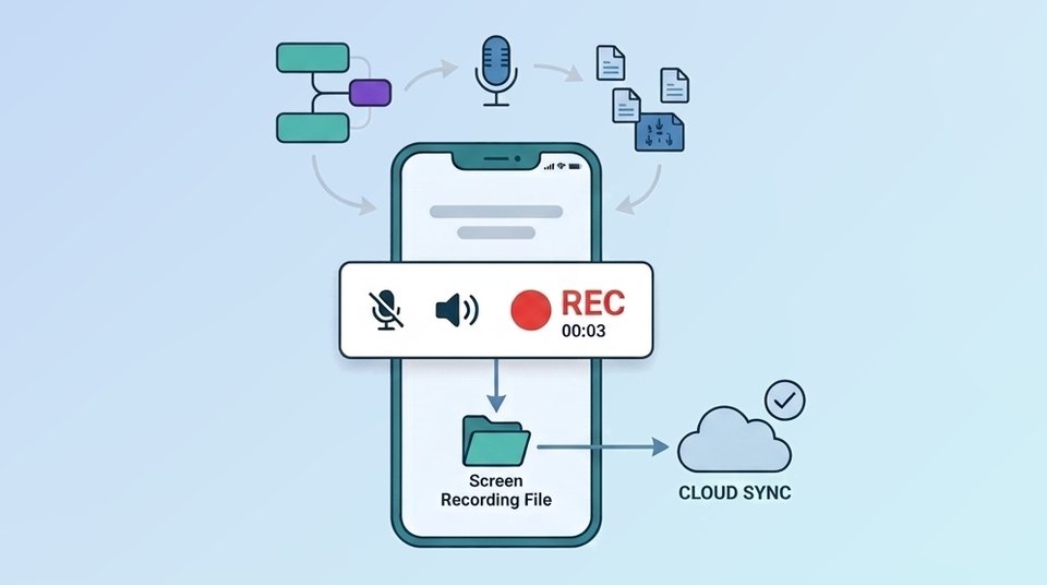 A phone call being screen recorded on an iPhone: the screen recording control shows REC with the microphone muted, the resulting file syncs to the cloud, but the call audio itself is never captured.