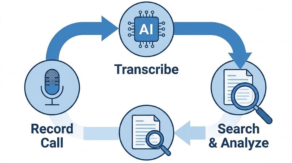 A call is recorded, transcribed automatically, then searched and analysed — the recording becoming a written record you can look things up in.