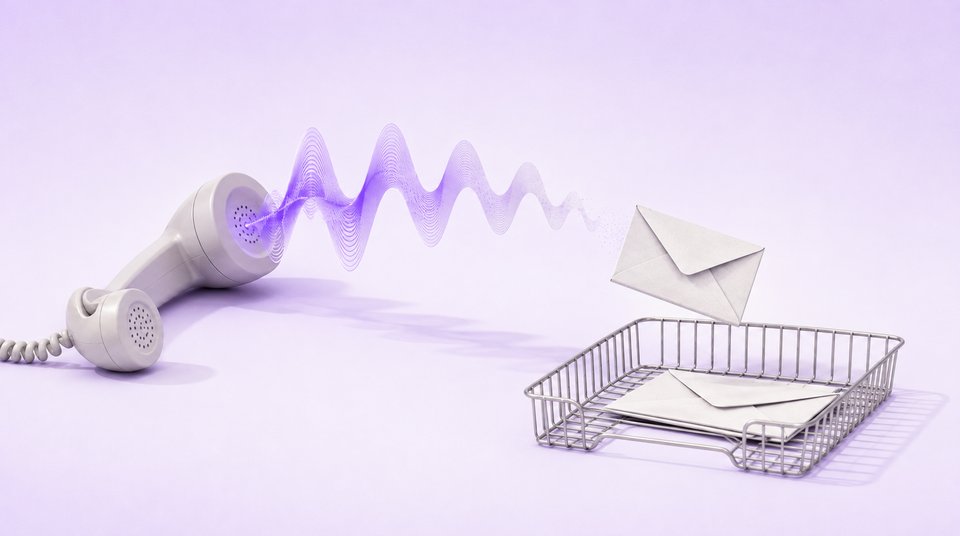 A telephone handset rests off the hook. A violet sound wave rises from the earpiece and travels across, becoming a paper envelope that drops into a wire desk inbox tray — a spoken message arriving as mail.