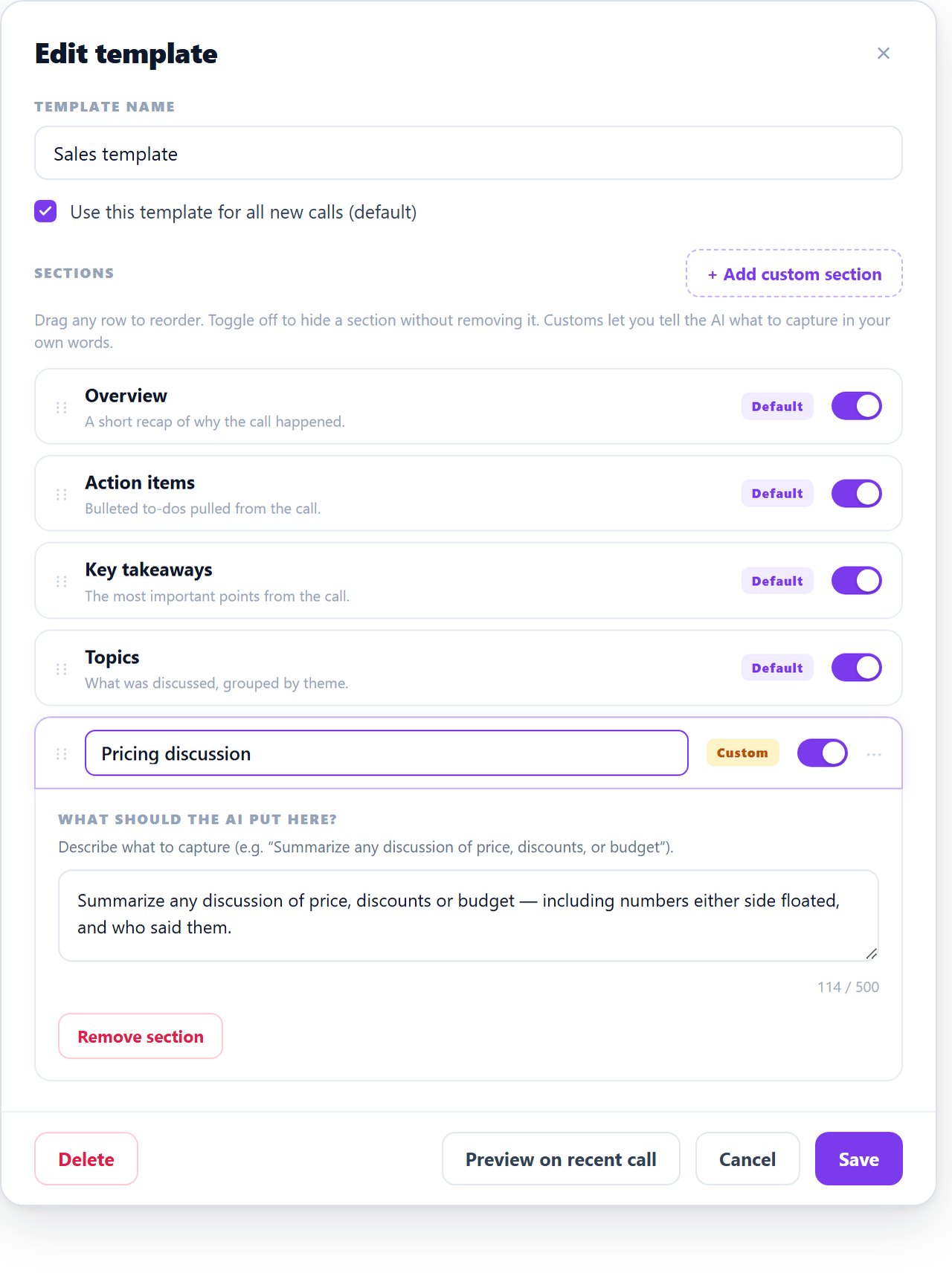 Editing an AI call summary template: Overview, Action items, Key takeaways and Topics as default sections, plus a custom section named Pricing discussion with a plain-English description telling the AI what to capture.
