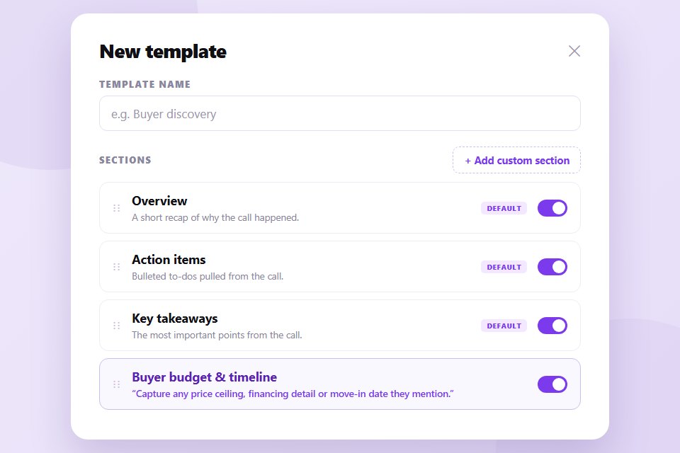 Epocra&rsquo;s template editor: reorder sections like Overview, Action items and Key takeaways, or add custom sections that tell the AI what to capture on every call.